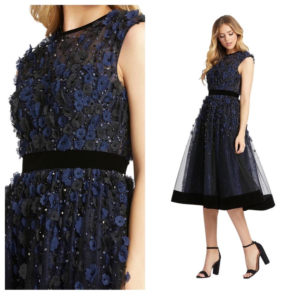 NWT MAC DUGGAL 67289D Midnight Black Floral Embellished Sleeveless Midi Gown